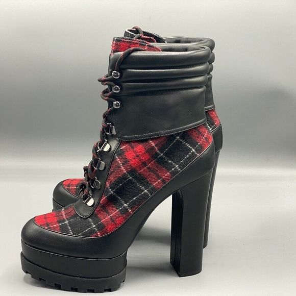 Jessica Simpson Boots  9 Red Black Tartan Plaid Platform Boots Edgy Hunter - Picture 6 of 11